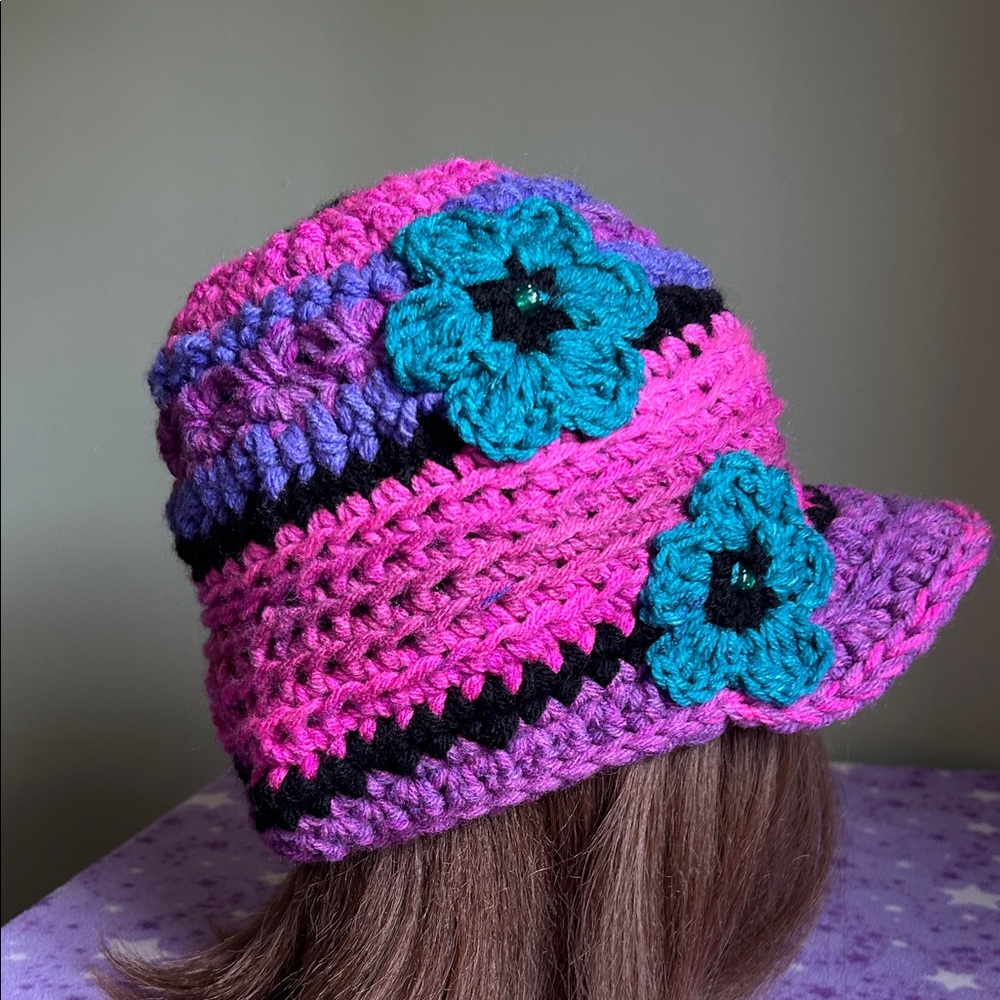 Handmade fuchsia Pink & Teal Crochet newsboy medium Hat with Flower